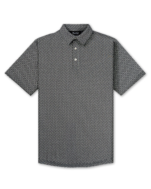Men’s Jade Drops golf polo by Pins & Aces featuring a dark jade green geometric pattern, modern blade collar, short sleeves, and athletic performance fit.