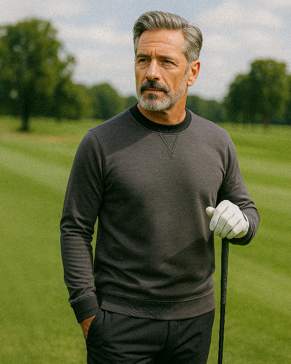 Men’s Player Preferred™ Slate Grey performance golf crewneck by Pins & Aces featuring a classic crew neckline, long sleeves, elastic cuffs and waist, and a tailored course-to-clubhouse fit.
