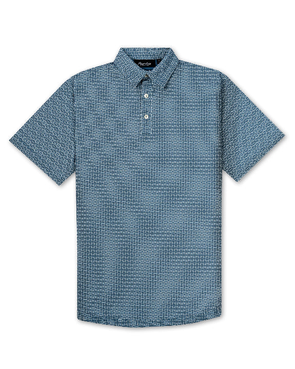 Men’s Stardust golf polo by Pins & Aces featuring a cosmic-inspired pattern, modern blade collar, short sleeves, and athletic performance fit.