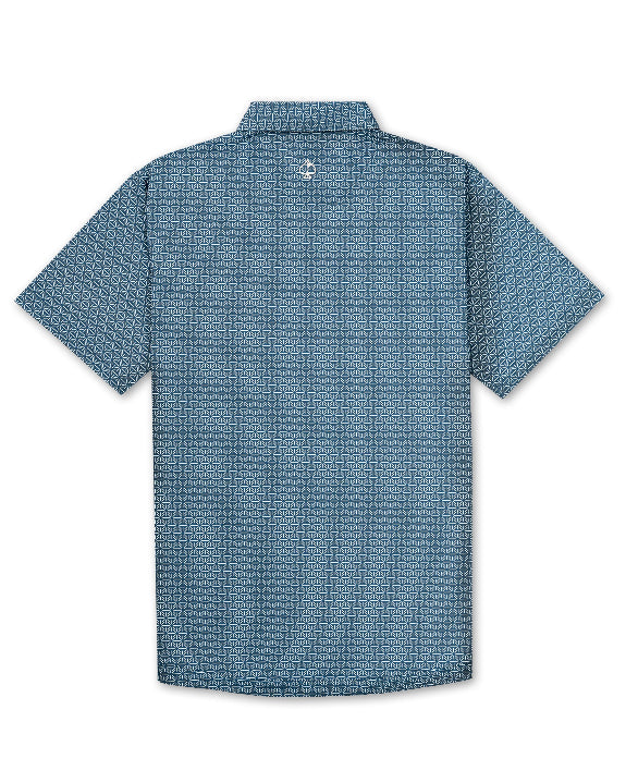 Men’s Stardust golf polo by Pins & Aces featuring a cosmic-inspired pattern, modern blade collar, short sleeves, and athletic performance fit.