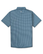 Men’s Stardust golf polo by Pins & Aces featuring a cosmic-inspired pattern, modern blade collar, short sleeves, and athletic performance fit.