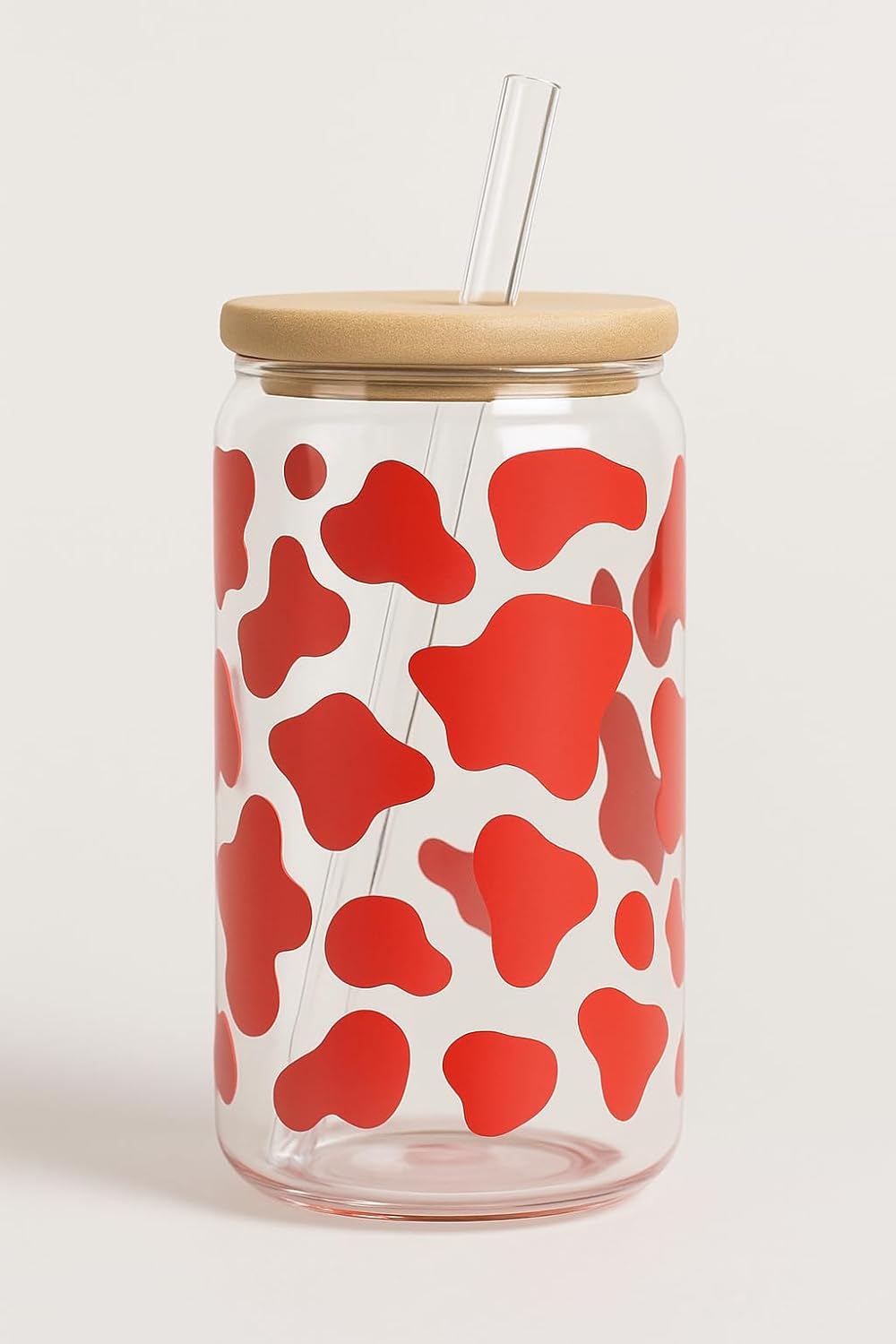 Cow Print 16oz Iced Coffee Glass Cup with Bamboo Lid & Reusable Straw