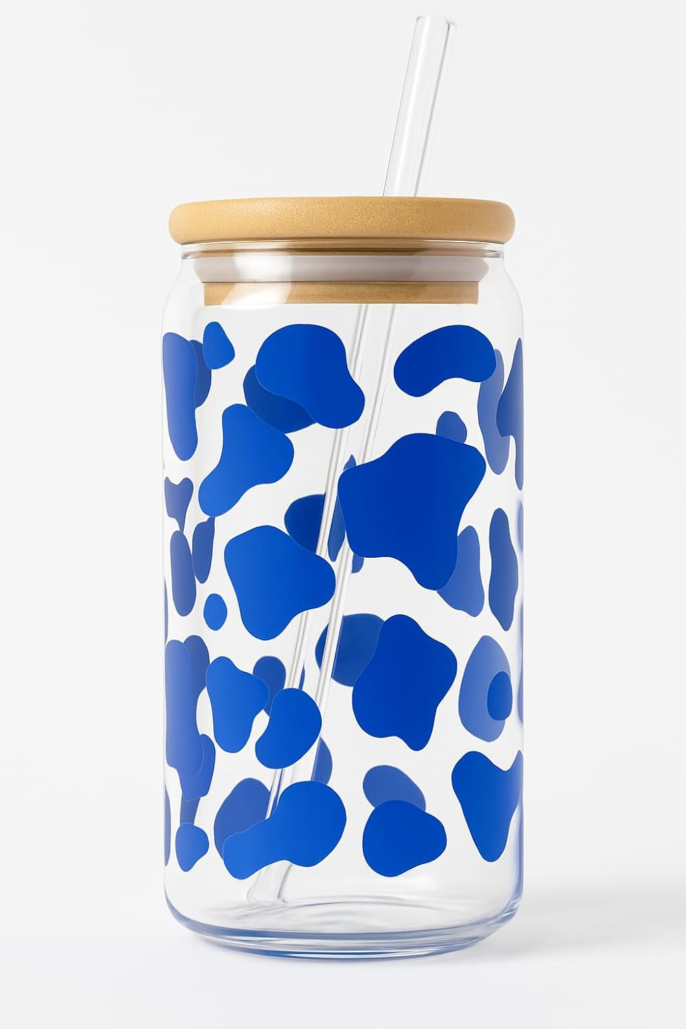 Cow Print 16oz Iced Coffee Glass Cup with Bamboo Lid & Reusable Straw