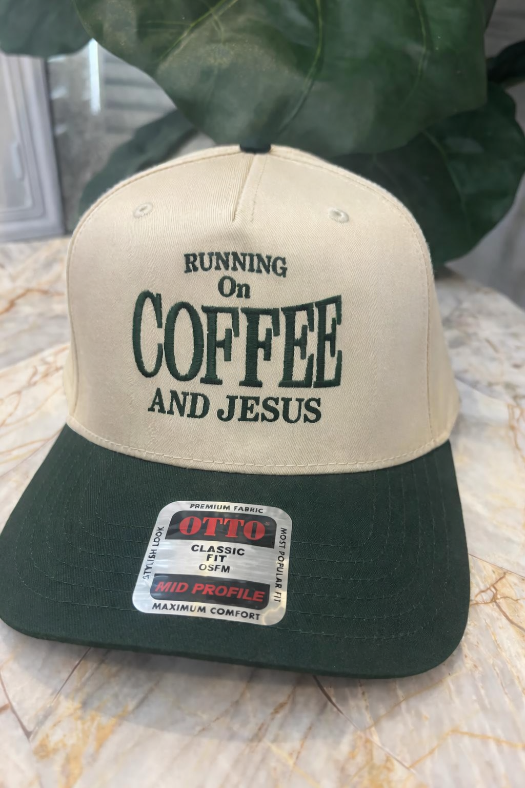 Running on coffee and jesus trucker hat in Green/Ivory