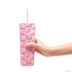 Officially licensed Barbie™ Shine Bright 24 oz insulated stainless steel tumbler by Dragon Drinkware with removable lid, pink straw, and clear straw.