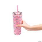 Officially licensed Barbie™ Shine Bright 24 oz insulated stainless steel tumbler by Dragon Drinkware with removable lid, pink straw, and clear straw.