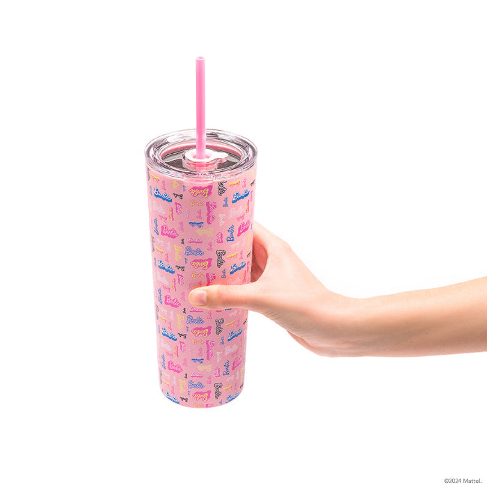 Officially licensed Barbie™ Shine Bright 24 oz insulated stainless steel tumbler by Dragon Drinkware with removable lid, pink straw, and clear straw.