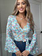 Woodstock Floral Bell Sleeve Wrap Top – Boho V Neck Blouse - 14 Color Options