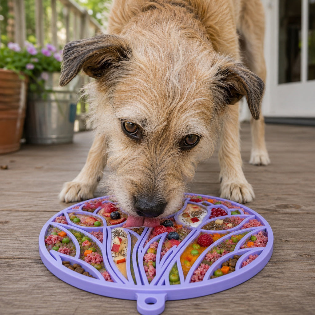 Pastel purple SodaPup Tulip Design eMat suction cup lick mat with textured floral pattern for dog and cat enrichment, bath time, and grooming.