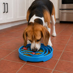 Light blue SodaPup Baja eTray shallow slow feeder dog bowl with textured enrichment design for flat-faced dogs and fast eaters.