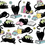 Black Cats on Books drinkware design featuring whimsical black cats lounging on colorful stacks of books with pastel flowers and bookish details.