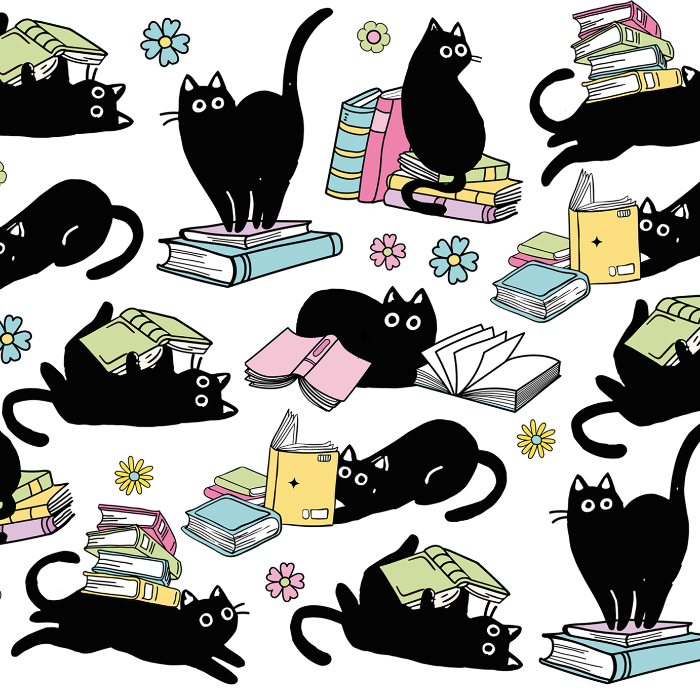 Black Cats on Books drinkware design featuring whimsical black cats lounging on colorful stacks of books with pastel flowers and bookish details.