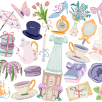 Pastel Regency-inspired bookish design featuring teacups, books, florals, ribbons, a vintage dress, parasol, pocket watch, mirror, and other romantic Victorian-style details in pink, lavender, blue, mint, and cream.