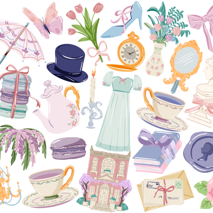 Pastel Regency-inspired bookish design featuring teacups, books, florals, ribbons, a vintage dress, parasol, pocket watch, mirror, and other romantic Victorian-style details in pink, lavender, blue, mint, and cream.