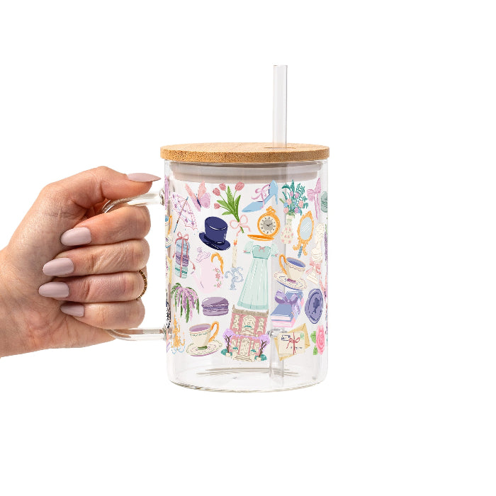 Pastel Regency-inspired bookish design featuring teacups, books, florals, ribbons, a vintage dress, parasol, pocket watch, mirror, and other romantic Victorian-style details in pink, lavender, blue, mint, and cream.