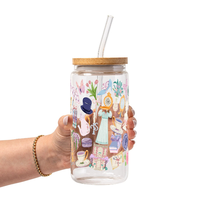 Pastel Regency-inspired bookish design featuring teacups, books, florals, ribbons, a vintage dress, parasol, pocket watch, mirror, and other romantic Victorian-style details in pink, lavender, blue, mint, and cream.