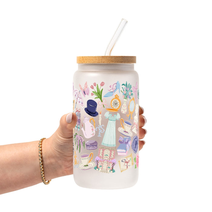Pastel Regency-inspired bookish design featuring teacups, books, florals, ribbons, a vintage dress, parasol, pocket watch, mirror, and other romantic Victorian-style details in pink, lavender, blue, mint, and cream.