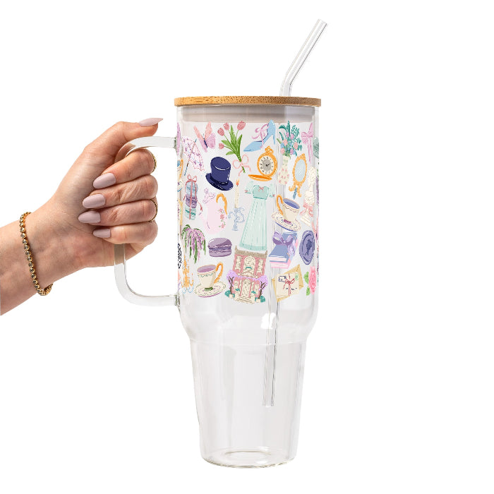 Pastel Regency-inspired bookish design featuring teacups, books, florals, ribbons, a vintage dress, parasol, pocket watch, mirror, and other romantic Victorian-style details in pink, lavender, blue, mint, and cream.