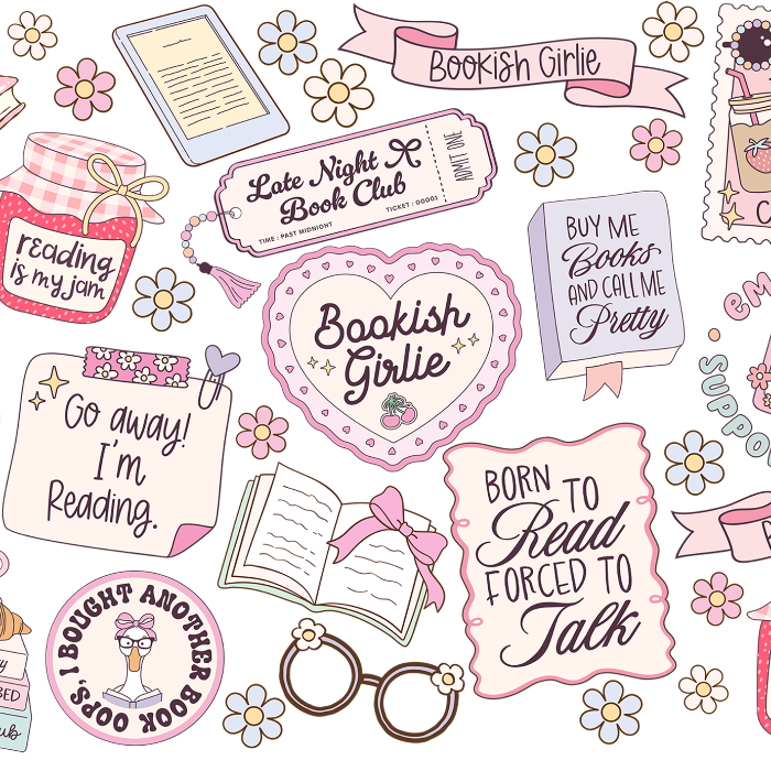 Clear glass cup with bamboo lid and straw featuring a pink pastel bookish collage with books, flowers, reading glasses, hearts and feminine reader-themed sayings.