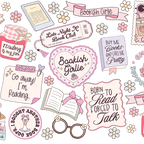 Clear glass cup with bamboo lid and straw featuring a pink pastel bookish collage with books, flowers, reading glasses, hearts and feminine reader-themed sayings.