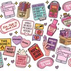 Colorful spicy book lover design featuring pink and purple books, hearts, book boyfriend messages, romance tropes, an audiobook player, reading glasses and playful romance reader sayings.