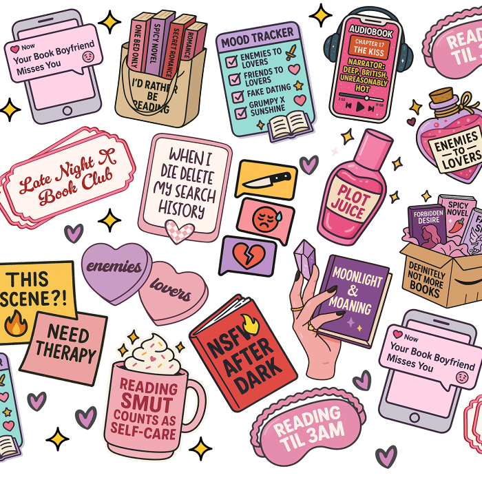 Colorful spicy book lover design featuring pink and purple books, hearts, book boyfriend messages, romance tropes, an audiobook player, reading glasses and playful romance reader sayings.
