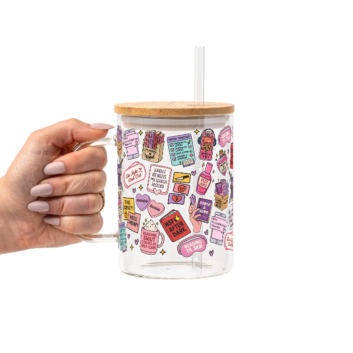 Colorful spicy book lover design featuring pink and purple books, hearts, book boyfriend messages, romance tropes, an audiobook player, reading glasses and playful romance reader sayings.