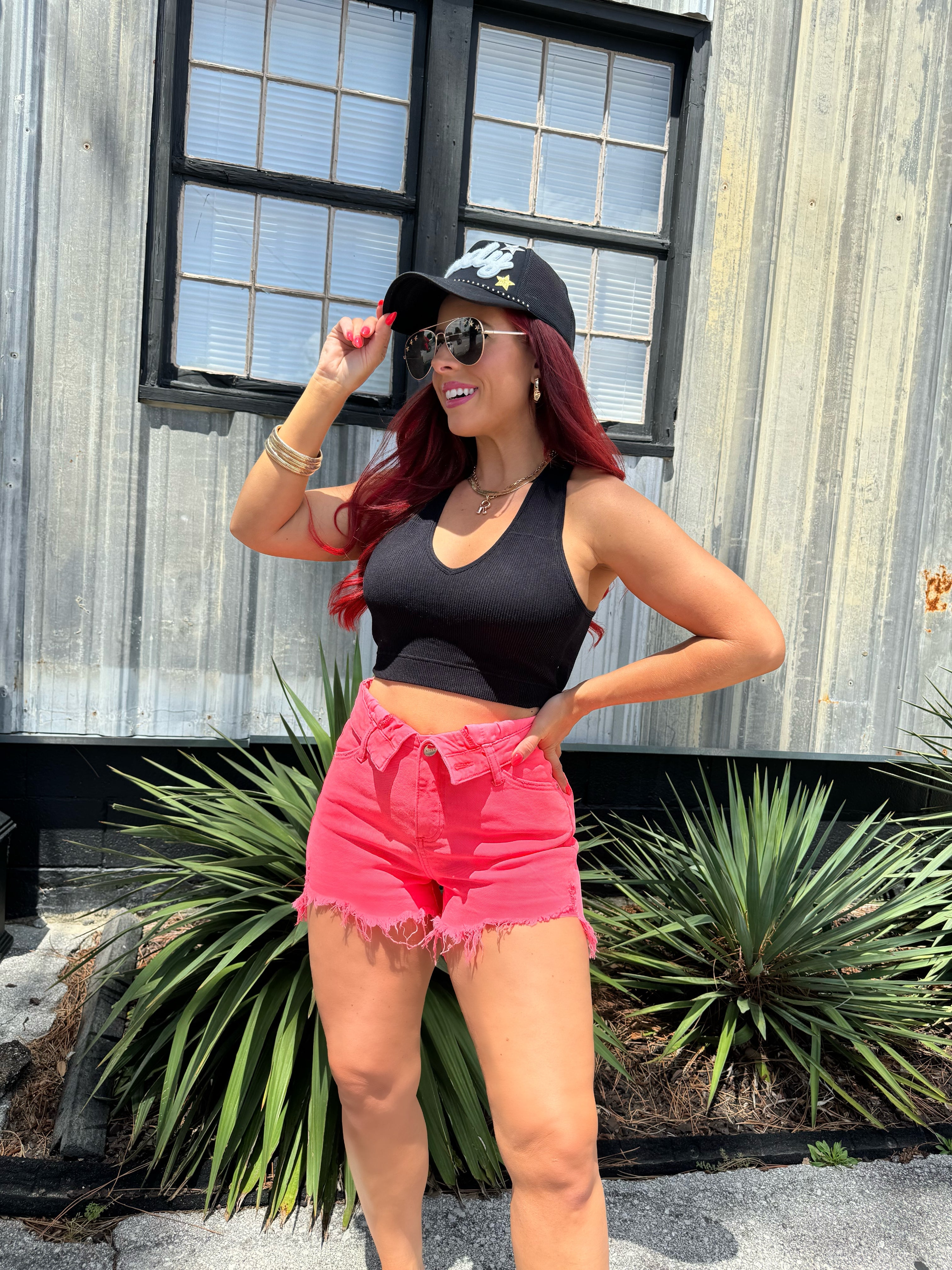 Coral Pink Distressed Denim Shorts – Fold Over Risen Shorts