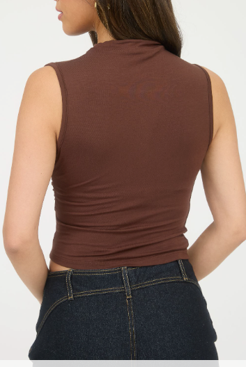 Celine Mock Neck Sleeveless Top – Ruched Shoulder Tank