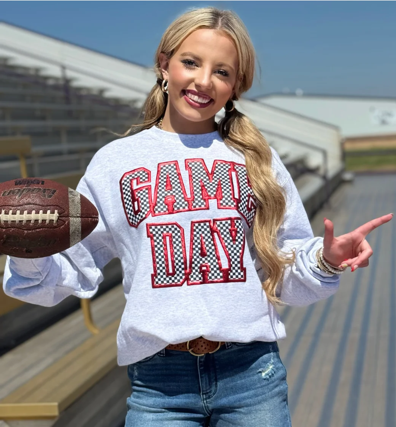 Checkered Game Day Puff Graphic Sweatshirt – Unisex Crewneck with Shimmer Accent