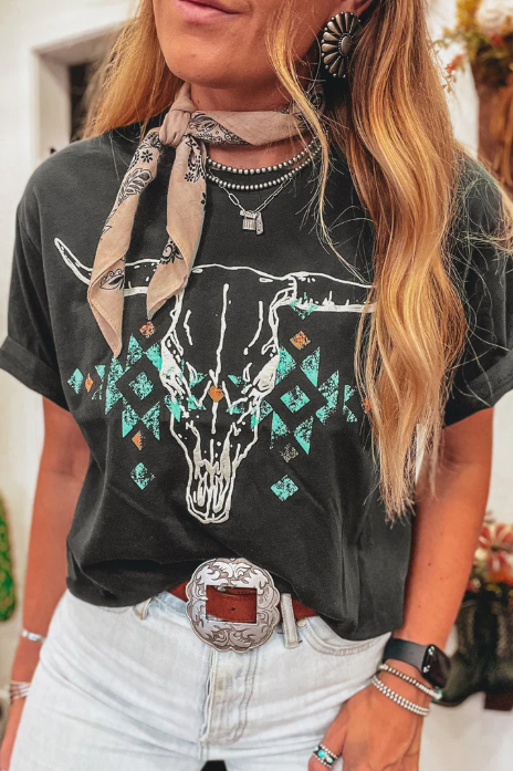 Vintage Western Bull Head Skull Turquoise Aztec Graphic T Shirt in Carbon Grey