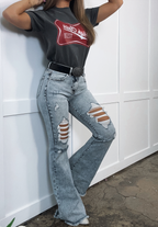 Viral Lainey Tummy Control Flare Jeans – High Waisted Distressed Denim