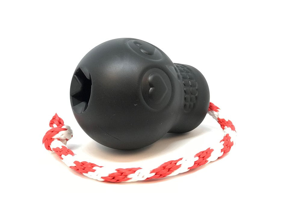 USA-K9 Magnum Skull by SodaPup black rubber dog chew toy and treat dispenser made in the USA for extreme chewers and dogs approximately 30 to 65 pounds.