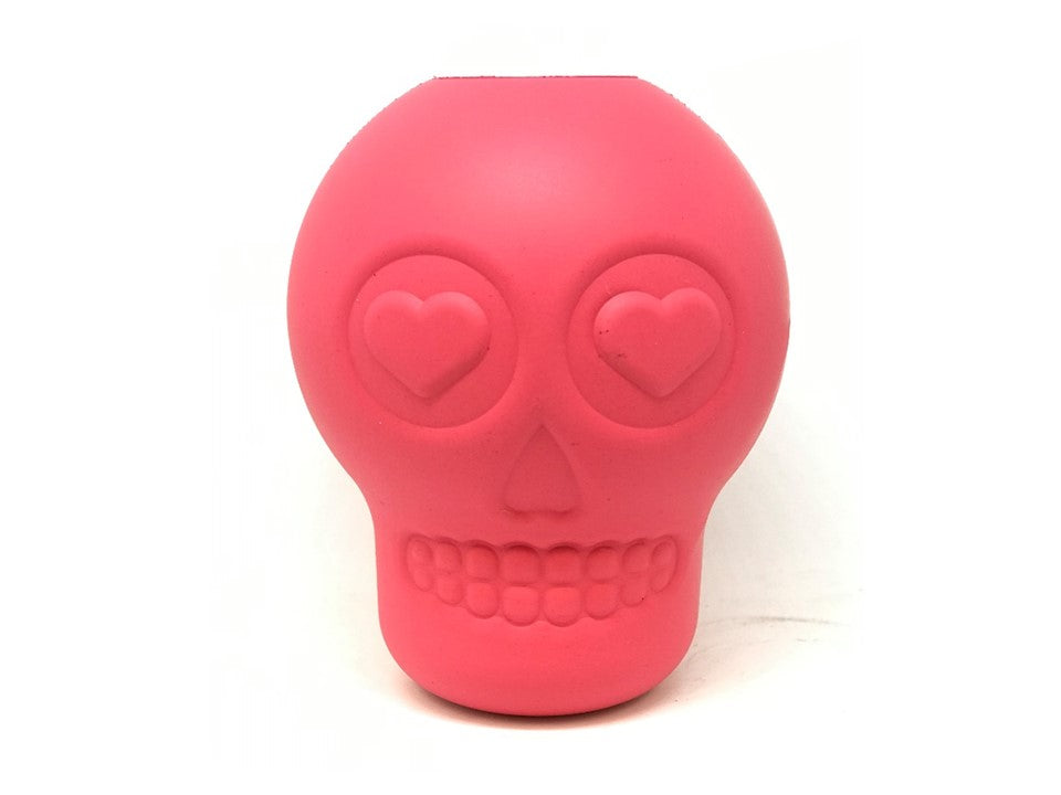 Pink SodaPup Sugar Skull dog chew toy and treat dispenser made in the USA from FDA-compliant natural rubber for dogs approximately 30 to 65 pounds.