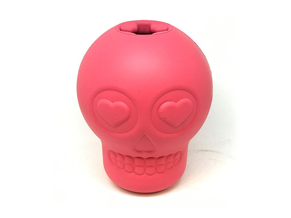 Pink SodaPup Sugar Skull dog chew toy and treat dispenser made in the USA from FDA-compliant natural rubber for dogs approximately 30 to 65 pounds.