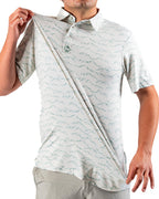 Men’s Altitude Adjustment golf polo by Pins & Aces featuring an off-white base with a subtle blue-green mountain range print, short sleeves, and athletic performance fit.