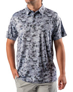 Men’s Arctic Ops golf polo by Pins & Aces featuring an all-over gray, silver, and black camouflage print with short sleeves, collared neckline, and athletic performance fit.