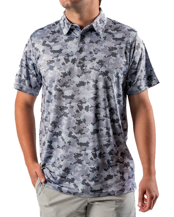 Men’s Arctic Ops golf polo by Pins & Aces featuring an all-over gray, silver, and black camouflage print with short sleeves, collared neckline, and athletic performance fit.