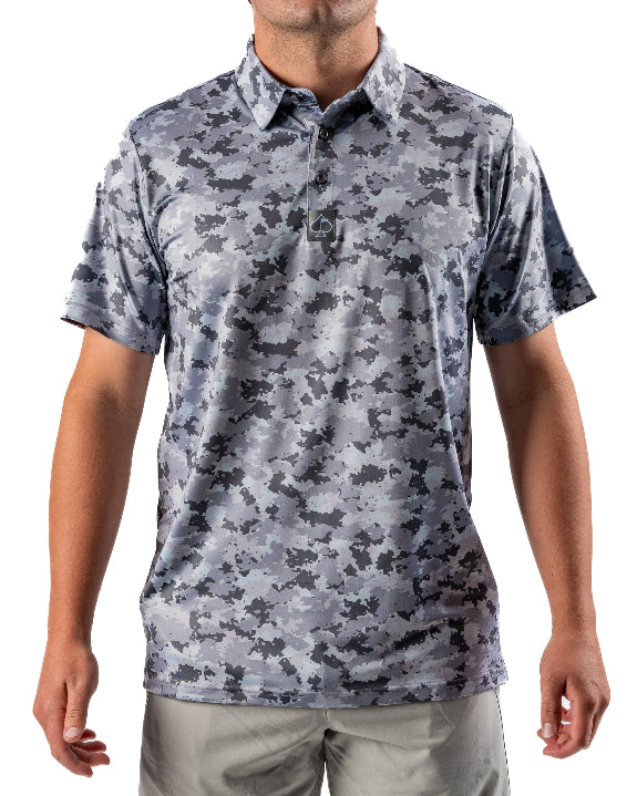 Men’s Arctic Ops golf polo by Pins & Aces featuring an all-over gray, silver, and black camouflage print with short sleeves, collared neckline, and athletic performance fit.
