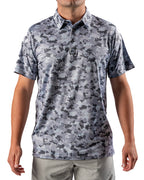 Men’s Arctic Ops golf polo by Pins & Aces featuring an all-over gray, silver, and black camouflage print with short sleeves, collared neckline, and athletic performance fit.