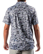 Men’s Arctic Ops golf polo by Pins & Aces featuring an all-over gray, silver, and black camouflage print with short sleeves, collared neckline, and athletic performance fit.