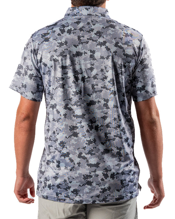 Men’s Arctic Ops golf polo by Pins & Aces featuring an all-over gray, silver, and black camouflage print with short sleeves, collared neckline, and athletic performance fit.