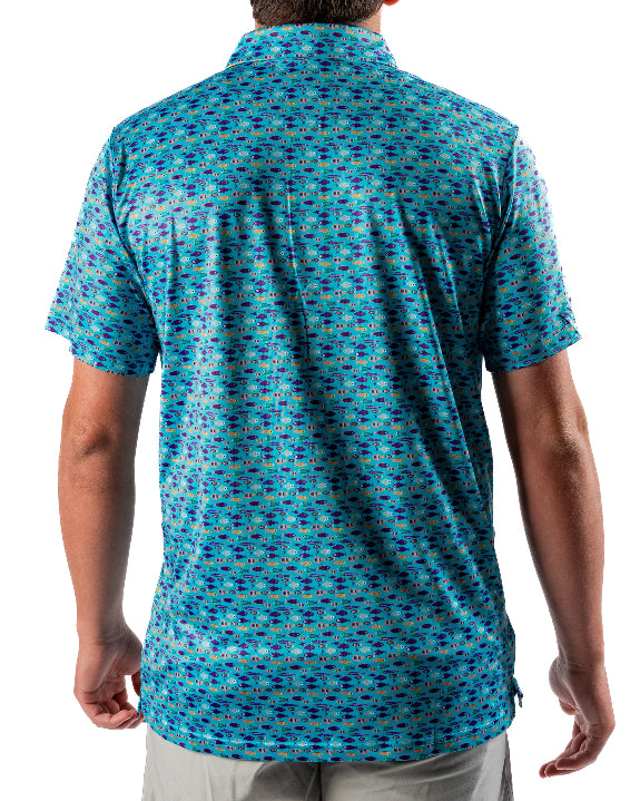 Men’s Fish & Drips golf polo by Pins & Aces featuring a bright aqua blue all-over fish print with colorful fishing-inspired details, short sleeves, and an athletic performance fit.