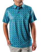 Men’s Fish & Drips golf polo by Pins & Aces featuring a bright aqua blue all-over fish print with colorful fishing-inspired details, short sleeves, and an athletic performance fit.