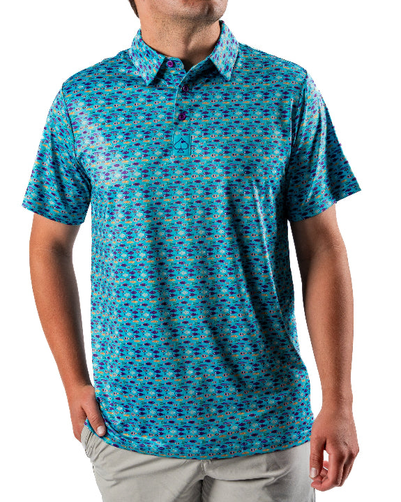 Men’s Fish & Drips golf polo by Pins & Aces featuring a bright aqua blue all-over fish print with colorful fishing-inspired details, short sleeves, and an athletic performance fit.