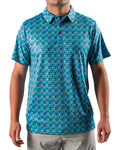 Men’s Fish & Drips golf polo by Pins & Aces featuring a bright aqua blue all-over fish print with colorful fishing-inspired details, short sleeves, and an athletic performance fit.