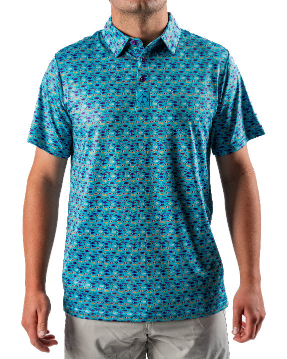 Men’s Fish & Drips golf polo by Pins & Aces featuring a bright aqua blue all-over fish print with colorful fishing-inspired details, short sleeves, and an athletic performance fit.
