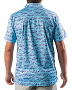 Men’s Purple Majesty golf polo by Pins & Aces featuring an aqua blue base with an all-over purple illustrated mountain print, short sleeves, and athletic performance fit.