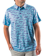 Men’s Purple Majesty golf polo by Pins & Aces featuring an aqua blue base with an all-over purple illustrated mountain print, short sleeves, and athletic performance fit.