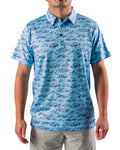 Men’s Purple Majesty golf polo by Pins & Aces featuring an aqua blue base with an all-over purple illustrated mountain print, short sleeves, and athletic performance fit.
